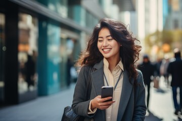 Busy young professional Asian businesswoman holding mobile phone walking on a big city street. - obrazy, fototapety, plakaty