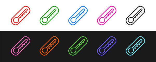 Set line Meteorology thermometer measuring heat and cold icon isolated on black and white background. Thermometer equipment showing hot or cold weather. Vector