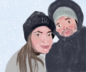 Couple. The faces of a man and a woman are large in winter in hats, drawn in a funny technique, cartoon