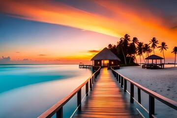 Fototapeta na wymiar Amazing sunset panorama at Maldives. Luxury resort villas seascape with soft led lights under colorful sky. Beautiful twilight sky and colorful clouds. Beautiful beach background for vacation