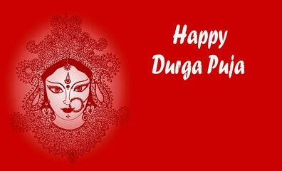 Happy Durga Puja Greeting including graphic image of hand made painting of Goddess Durga with copy space. 