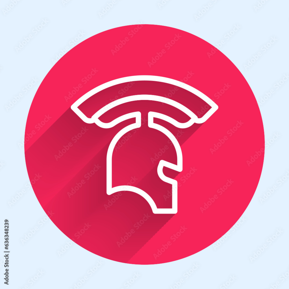 Poster white line roman army helmet icon isolated with long shadow background. red circle button. vector