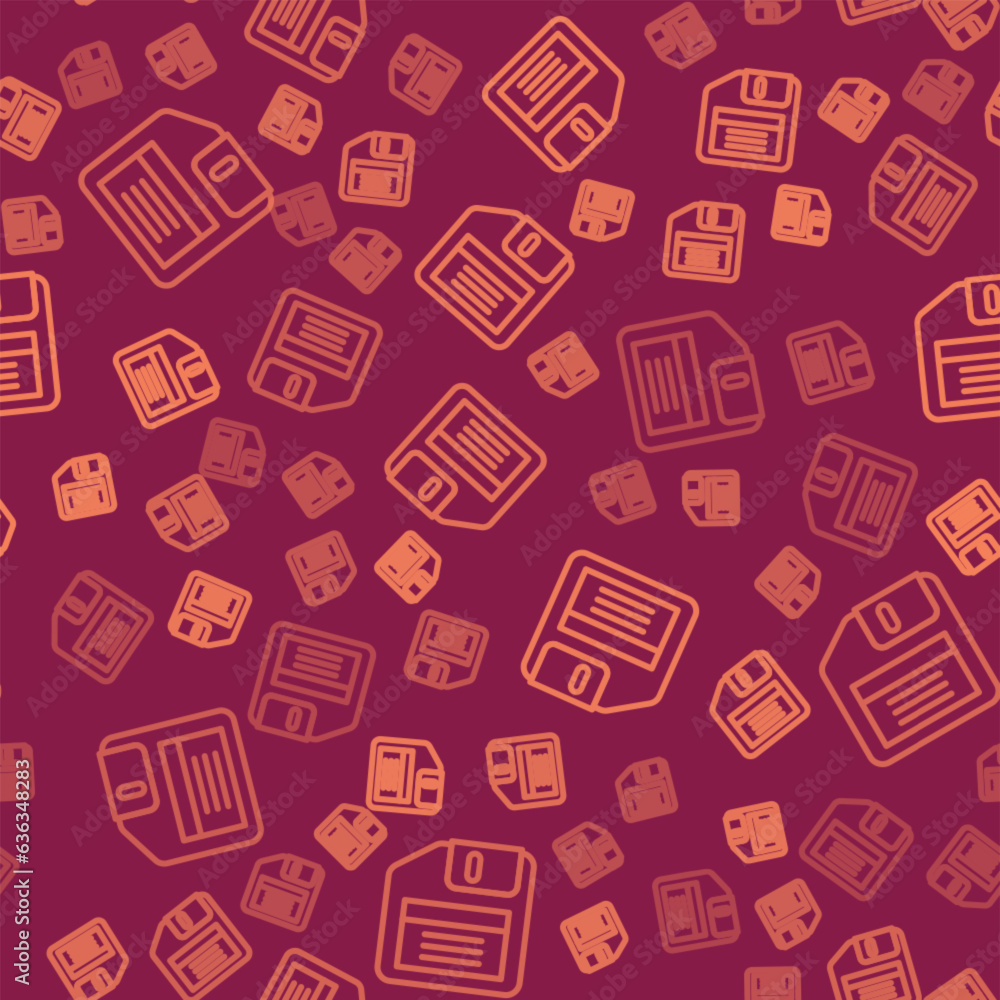 Poster brown line floppy disk for computer data storage icon isolated seamless pattern on red background. d