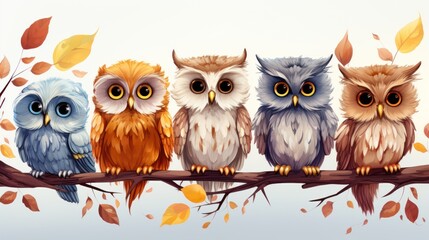 Cute owl birds set. Funny owlets, feathered animals, sitting on tree branches and watching