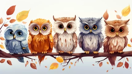 Photo sur Aluminium Dessins animés de hibou Cute owl birds set. Funny owlets, feathered animals, sitting on tree branches and watching