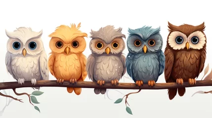 Gordijnen Cute owl birds set. Funny owlets, feathered animals, sitting on tree branches and watching © sirisakboakaew