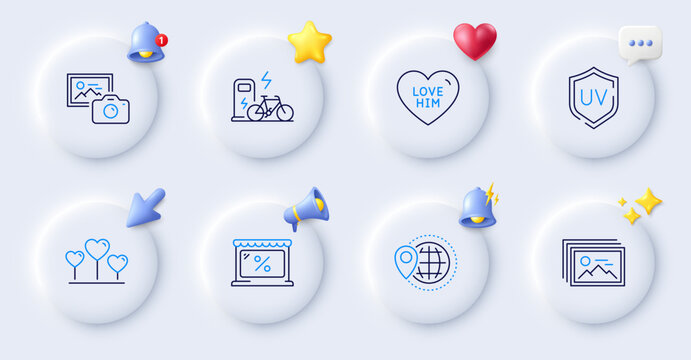 Uv protection, Love heart and Photo camera line icons. Buttons with 3d bell, chat speech, cursor. Pack of World travel, Market, Electric bike icon. Love him, Image gallery pictogram. Vector