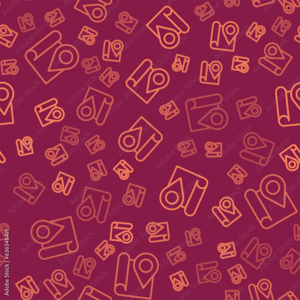 Poster brown line folded map with location marker icon isolated seamless pattern on red background. vector