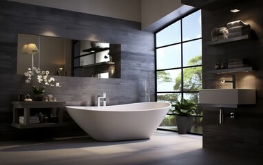 Fototapeta na wymiar Bathroom Interior Design featuring a Wooden Vanity. Generative AI