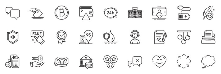 Icons pack as Buying house, 24h service and Wallet line icons for app include Battery, Medical shield, Bid offer outline thin icon web set. Typewriter, Waterproof, Maximize pictogram. Vector