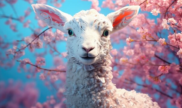 Close-up Portrait of Domestic Sheep Animal in Spring Nature Photography
