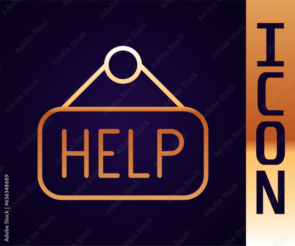 Poster gold line signboard with text help icon isolated on black background. vector