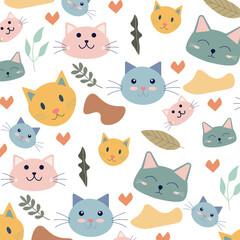 Pattern of cute cat face. Pet, animal. Vector, isolated on white background.