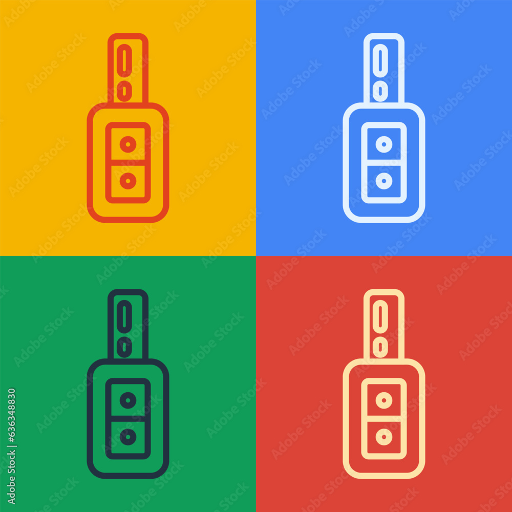Poster pop art line car key with remote icon isolated on color background. car key and alarm system. vector