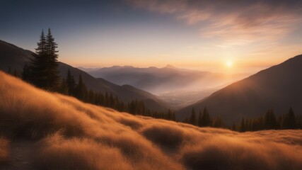 Golden sunrise over a serene mountain misty landscape. A breathtaking scene of nature with a serene and tranquil mood.