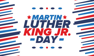 Martin Luther King, Jr. Day. Celebrated annual in United States in January, federal holiday. African American Rights Fighter. Patriotic american elements. Poster, card, banner, background. Vector