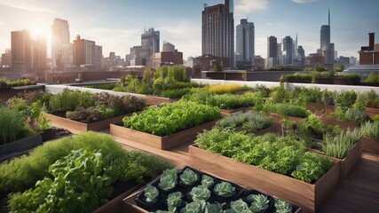 Fototapeta premium Urban rooftop garden showcasing biodegradable products as part of urban agriculture, growing crops in the city