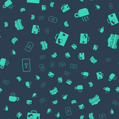 Set Suitcase, Coffee cup, Mobile with wi-fi wireless and Hotel room bed on seamless pattern. Vector