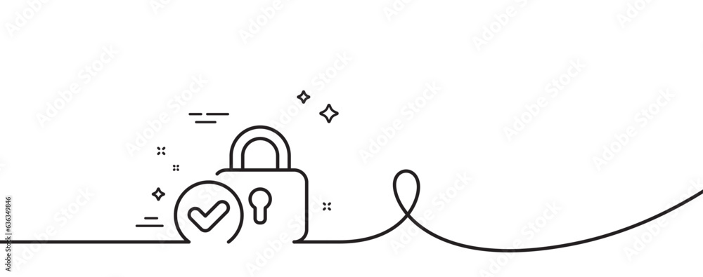 Poster verified locker line icon. continuous one line with curl. approved protection lock sign. confirmed s