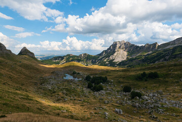 Panoramic views on the rocky mountain landscapes from a hike from the Sedlo Pass to the peak of Bobotov Kuk, Montenegro