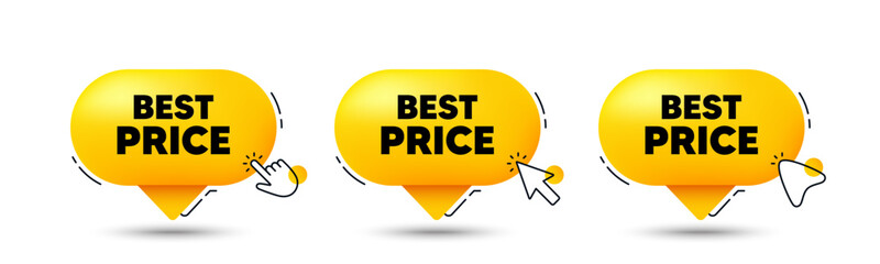 Best Price tag. Click here buttons. Special offer Sale sign. Advertising Discounts symbol. Best price speech bubble chat message. Talk box infographics. Vector