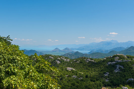Panoramic view at Pavlova Strana on the river of Crnojevića flowing through green lands to Lake Skadar, Montenegro.
