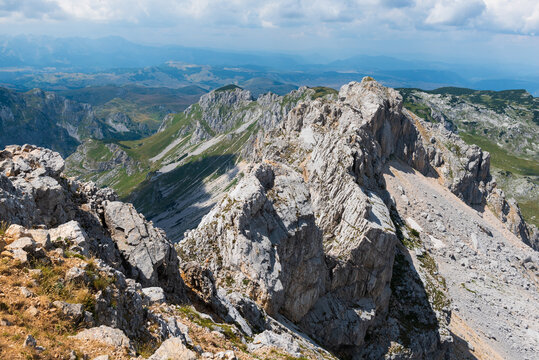 Panoramic views on the rocky mountain landscapes from a hike from the Sedlo Pass to the peak of Bobotov Kuk, Montenegro