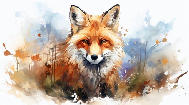 Watercolor fox with double exposure effect .