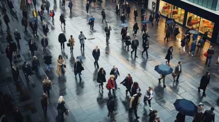 top view of crowd of people walks, people gathered at the street , Generative AI