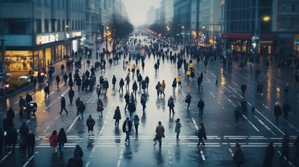 top view of crowd of people walks, people gathered at the street , Generative AI