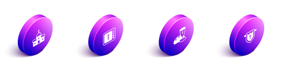 Set Isometric Church building, Online church pastor preaching, Goblet and bread and Flag with christian cross icon. Vector