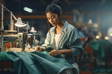 asian girl at the sewing machine washes clothes
