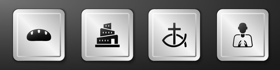 Set Bread loaf, Babel tower bible story, Christian fish and Hands in praying position icon. Silver square button. Vector