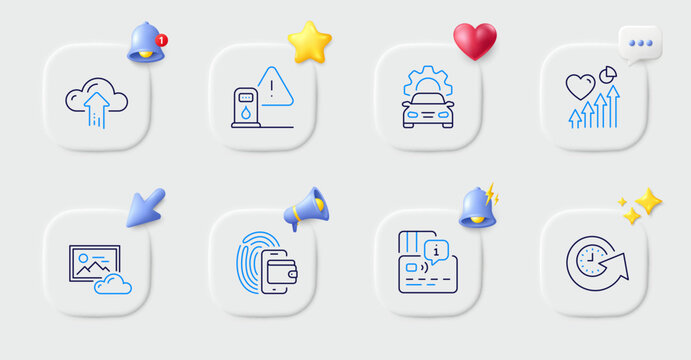 Photo cloud, Cloud upload and Heart beat line icons. Buttons with 3d bell, chat speech, cursor. Pack of Wallet, Update time, Card icon. Car service, Petrol station pictogram. Vector