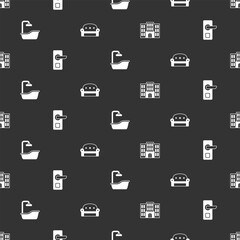 Set Hotel building, Digital door lock, Bathtub and Sofa on seamless pattern. Vector