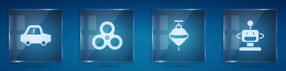 Set Toy car, Fidget spinner, Whirligig toy and Robot. Square glass panels. Vector