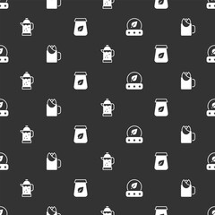 Set Tea leaf, Cup of tea with rose, French press and packaging on seamless pattern. Vector