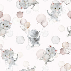 Seamless pattern of little fluffy gray kitten and balloon. Watercolor hand drawn. Scottish fold on light background. Spotted cat. Pet cartoon for kids, posters, stickers, textile.