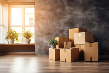 Stack of cardboard boxes with household belongings and potted home plants on floor in modern house living room. Moving to new home, relocation, renovation, homestaging, removals and delivery service
