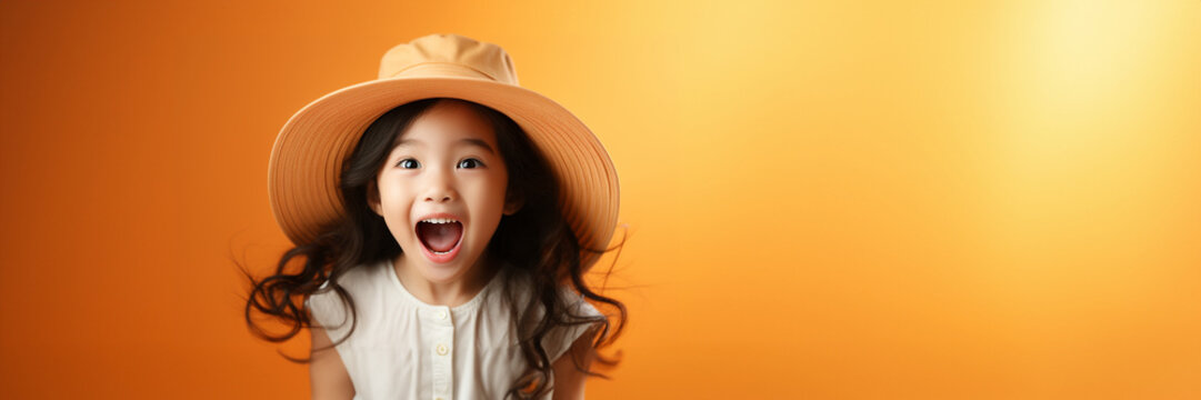 Fröhliches schönes lachendes Japanisches Kind Mädchen mit gelben Fashion Outfit und Hut in Querformat für Banner, ai generativ