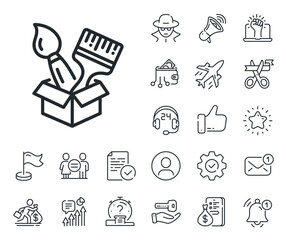 Wall paintbrush box sign. Salaryman, gender equality and alert bell outline icons. Paint brush line icon. Creative drawing art symbol. Brush line sign. Spy or profile placeholder icon. Vector