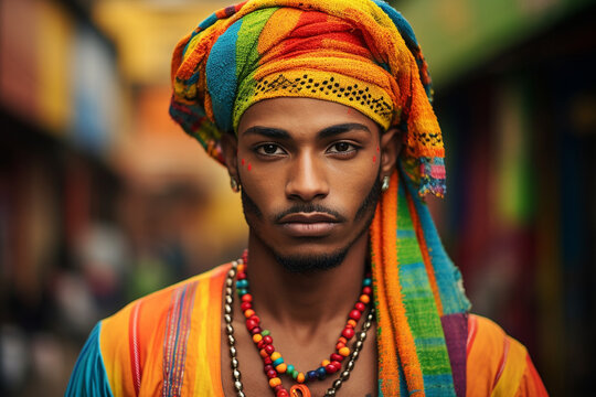 a man with bright colored makeup