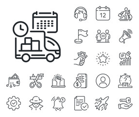 Logistics calendar sign. Salaryman, gender equality and alert bell outline icons. Delivery schedule line icon. Cargo reminder symbol. Delivery line sign. Spy or profile placeholder icon. Vector