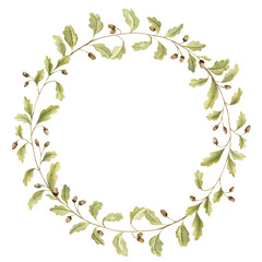 Oak branch Wreath. Hand drawn watercolor illustration of round Frame with acorns and green leaves on white isolated background. Circular border with forest foliage for icon, logo or greeting cards.