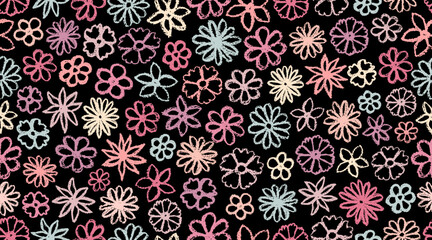 Flowers chalk pattern. Children crayon drawing style color flower. Freehand flower print. Hand drawn wax crayons art on black background. Isolated chalk style flowers. Pastel sketch flowers, leaves. 