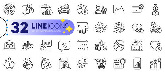 Outline set of Fan engine, New star and Loan percent line icons for web with Loan, Graph chart, Business growth thin icon. Loyalty tags, Wallet, Shopping cart pictogram icon. Money. Vector