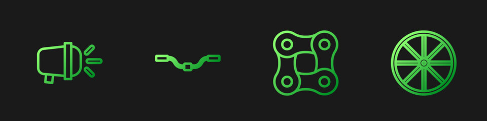 Set line Bicycle chain, head lamp, handlebar and wheel. Gradient color icons. Vector