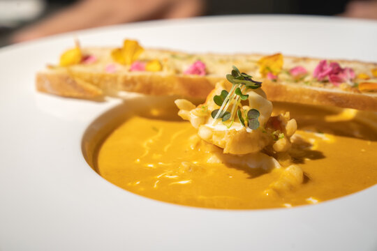 Close up to Garlic Bread with Creamy TomYamKung Soup on white dish in studio light, decorated with flower petal on it.