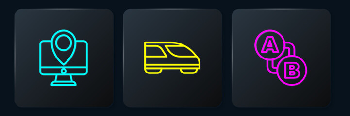 Set line Monitor with location marker, Route and High-speed train. Black square button. Vector