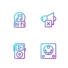 Set line Drum machine, Music player, note, tone and Speaker mute. Gradient color icons. Vector